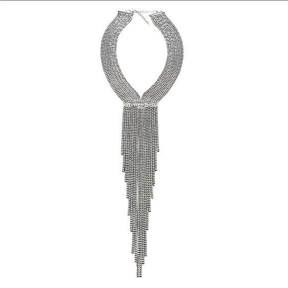 Silver Chain Tassel Rhinestone Accent Fringe Statement Collier Necklace - Picture 2 of 6